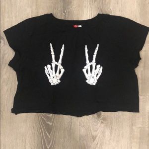 Cop top featuring skeleton hands peace signs